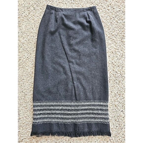 Vintage Wool Pencil Skirt Womens 8 Dark Gray Fringe Blanket Coastal Cowgirl - Picture 1 of 15